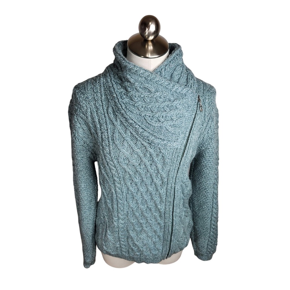 The Irish Store Cardigan Women L Blue Cable Knit Merino Wool Asymmetrical Zip